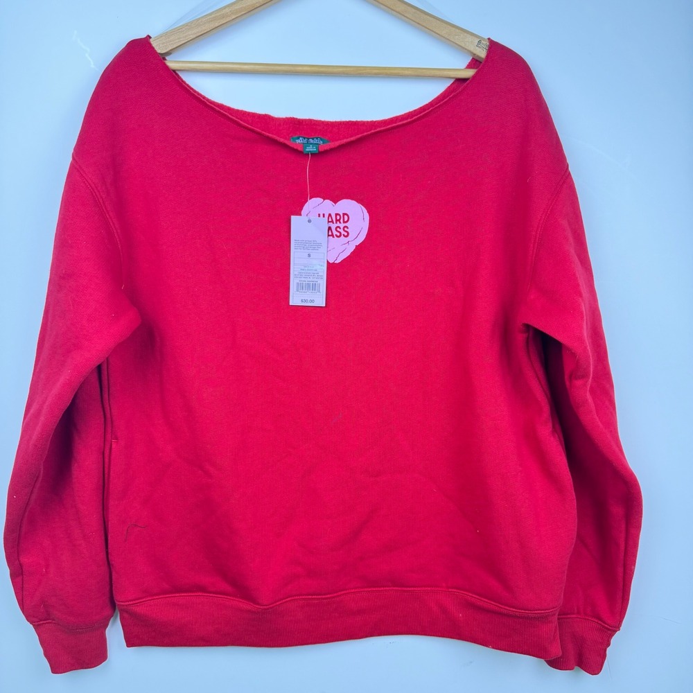 Wild Fable Riviera Red Hard Pass Heart Off Shoulder Sweatshirt Small NWT
